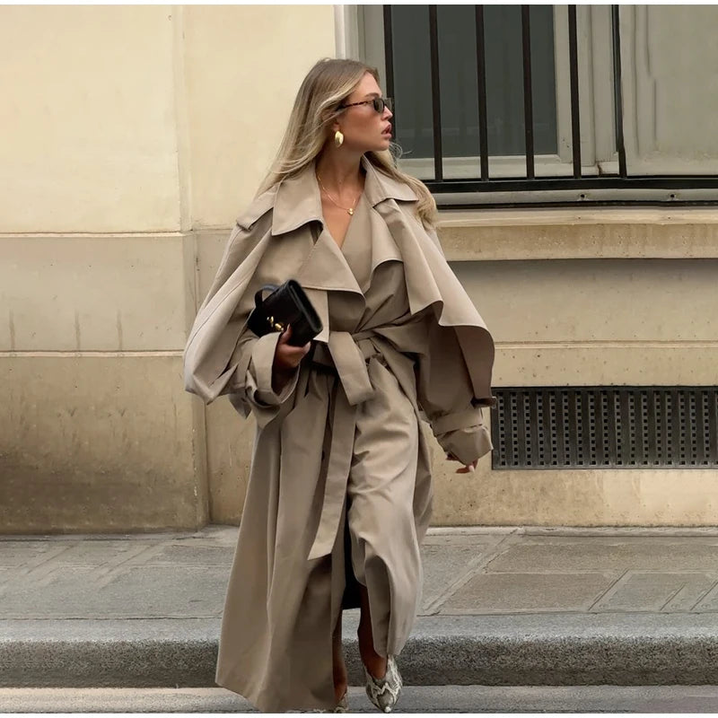 Khaki Long Color-block Stripe Trench Coat for Women