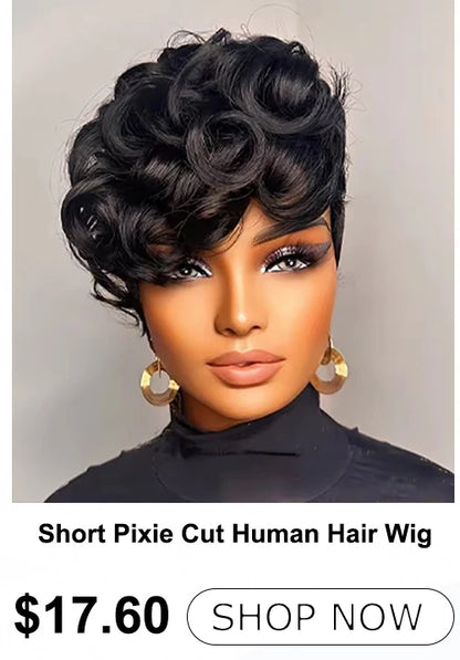 1B Pixie Cut Human Hair Wig Loose Curly Bangs 6 Inch