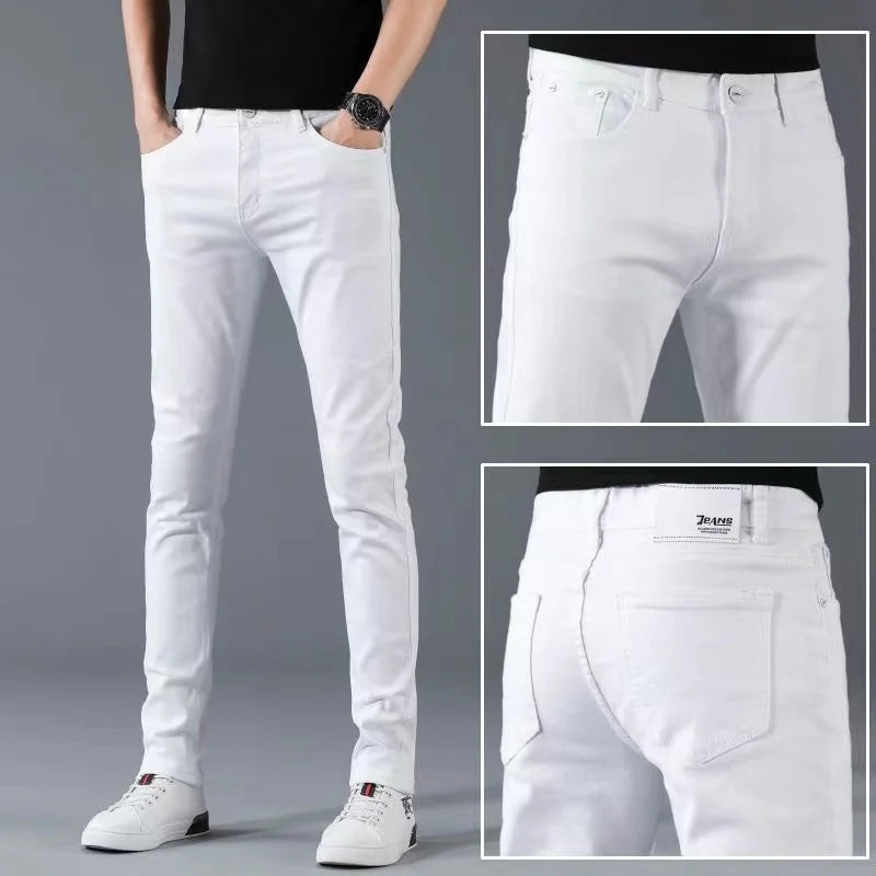 Mens Slim Fit Denim Pencil Pants Black White Stretch Jeans