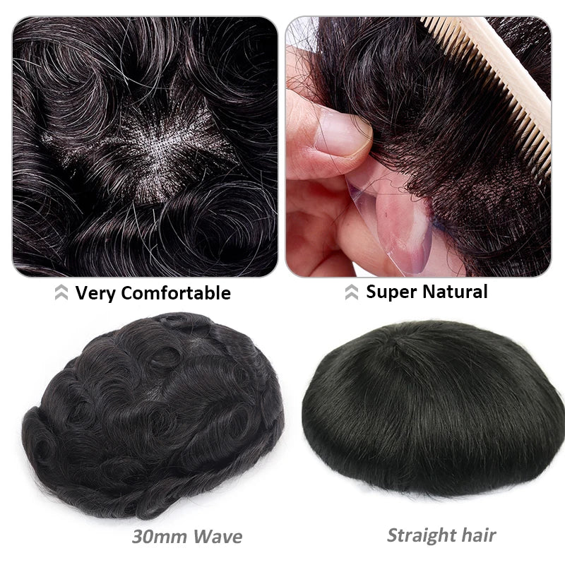 Curly Human Hair Toupee for Men Full PU Natural Color