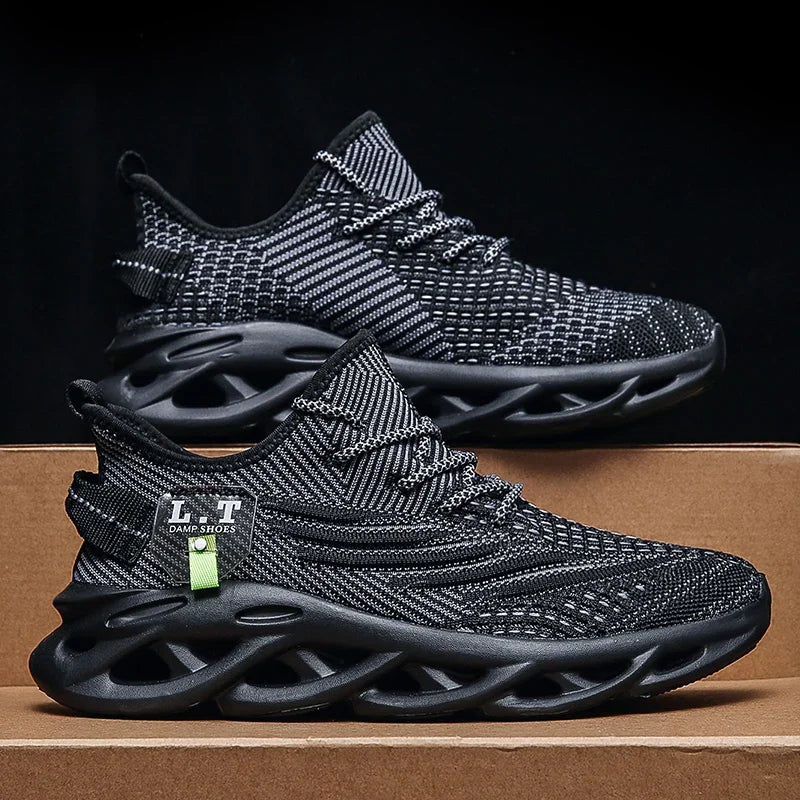 YRZL Men's Black Breathable Mesh Jogging Shoes