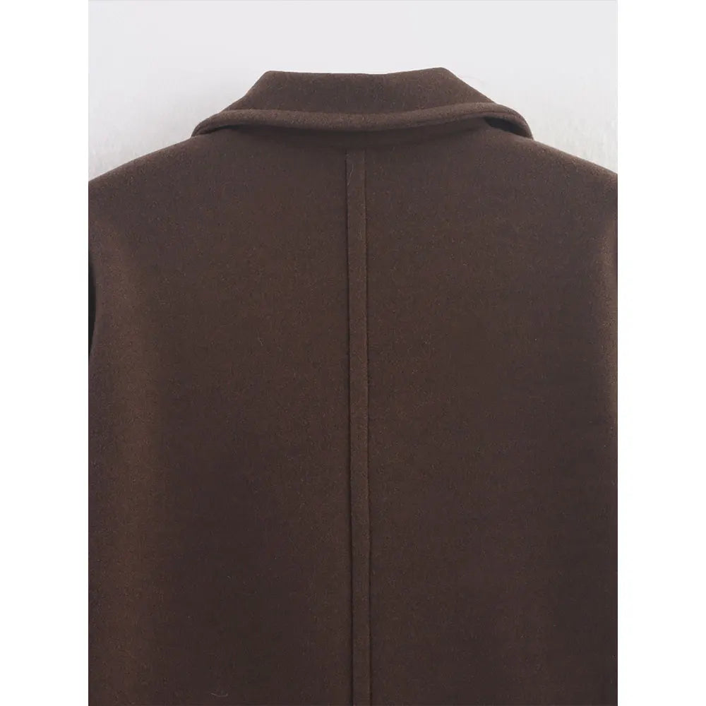 Brown Woolen Coat for Women with Notch Neck