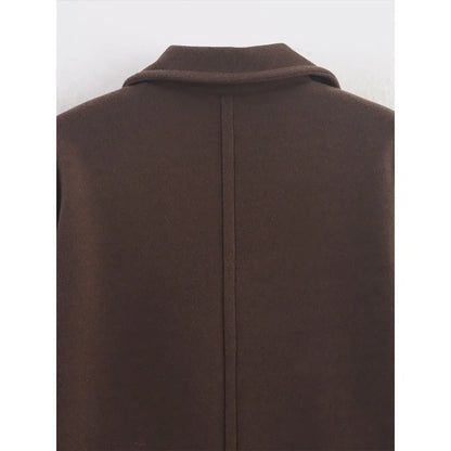 Brown Woolen Coat for Women with Notch Neck