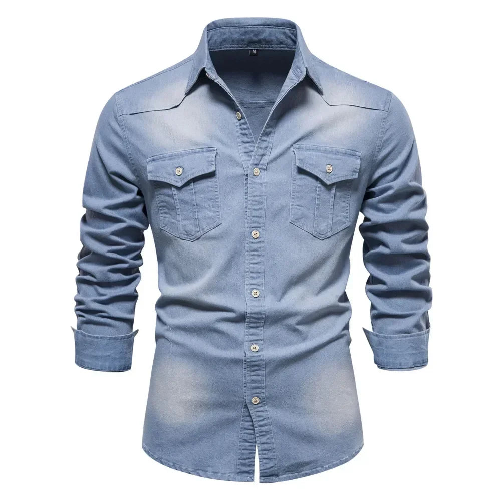 Elastic Cotton Denim Shirt Men Long Sleeve Casual