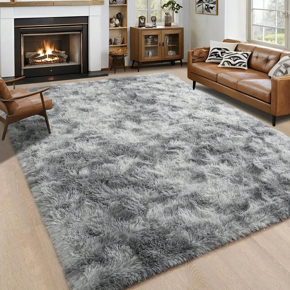 Black Plush Long-Pile Carpet, Soft Non-Slip Rug