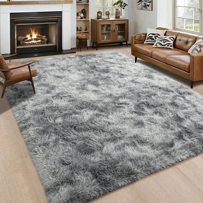 Black Plush Long-Pile Carpet, Soft Non-Slip Rug