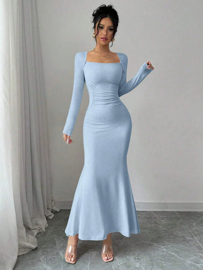 Elegant Retro Solid Color Square Collar Long Sleeve Dress