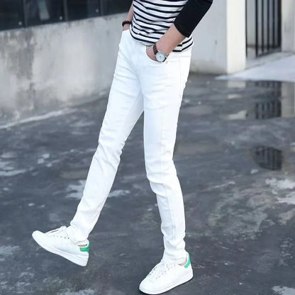 Mens Slim Fit Denim Pencil Pants Black White Stretch Jeans
