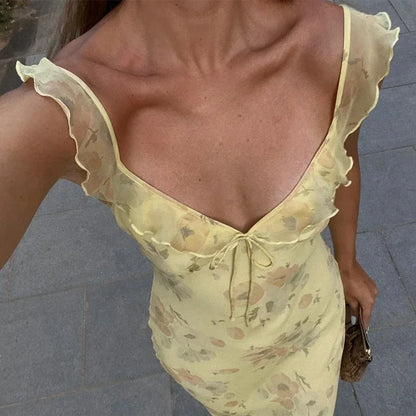 Yellow Flower Print Maxi Dress Sleeveless V Neck
