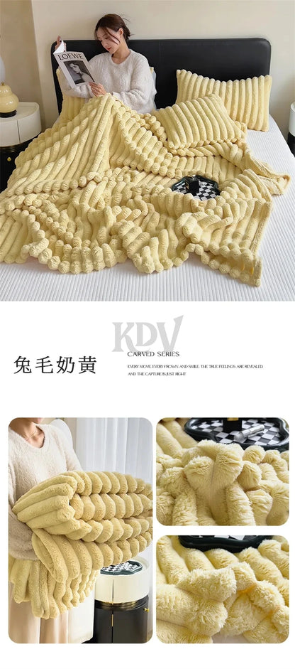 Luxury Faux Rabbit Fur Throw Blanket Solid Color Plush