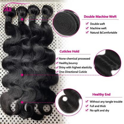 Body Wave Human Hair Bundles With Closure Natural Black