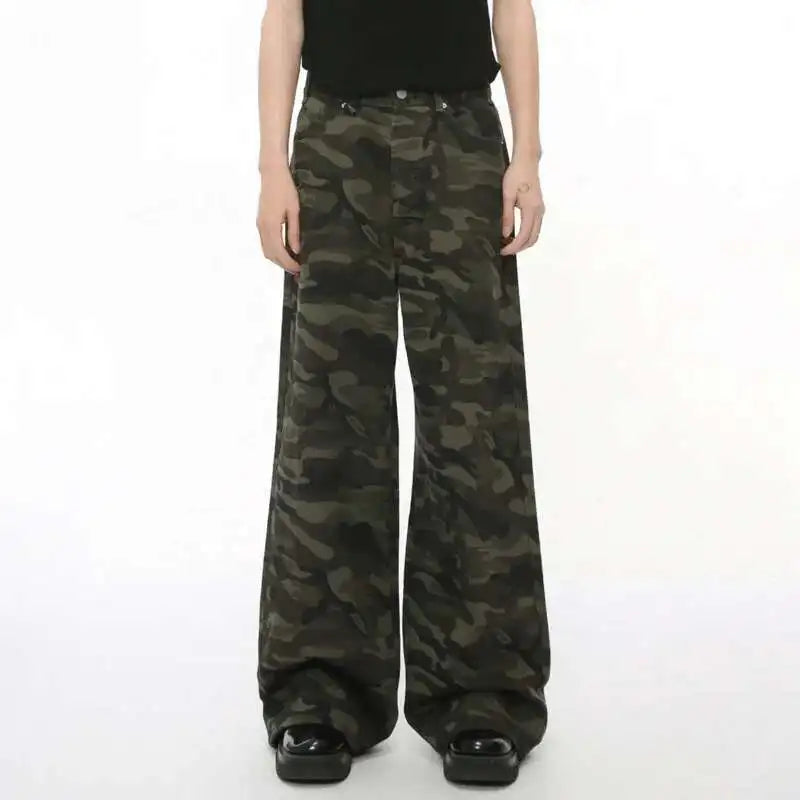 IEFB Vintage Camouflage Men's Loose Denim Jeans Old Blue