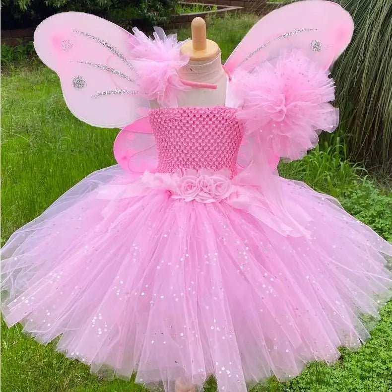 Girls Pink Glitter Tutu Dress with Wings and Hairbow
