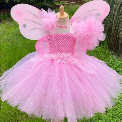 Girls Pink Glitter Tutu Dress with Wings and Hairbow