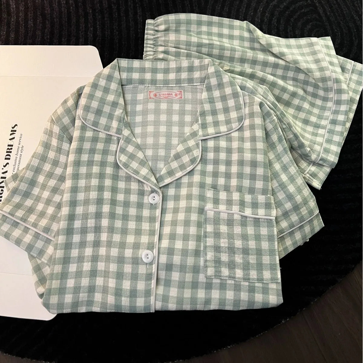 Japanese Minimalist Women's Pink Plaid Pajamas