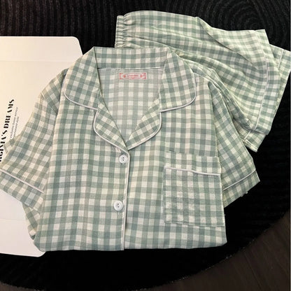 Japanese Minimalist Women's Pink Plaid Pajamas