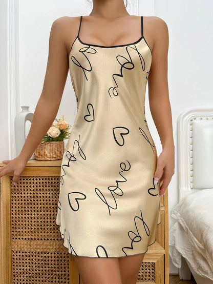 Heart Letter Print Spaghetti Strap Nightdress