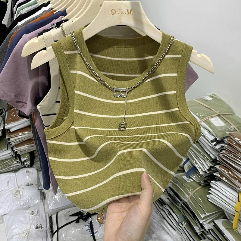 Striped Knit Sleeveless Waistcoat for Women