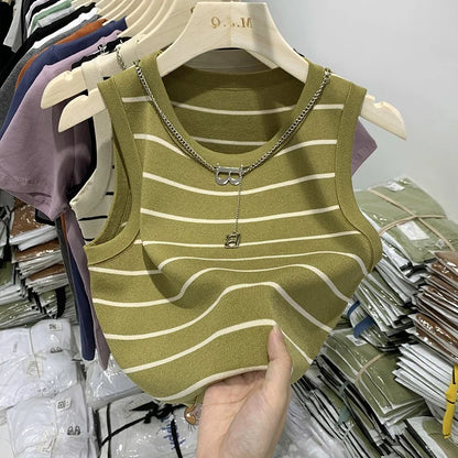 Striped Knit Sleeveless Waistcoat for Women