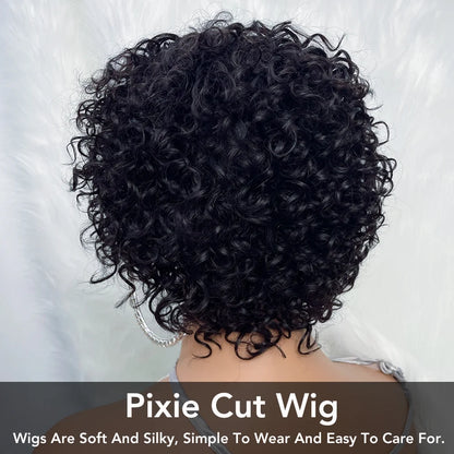 Pixie Cut Afro Curly Human Hair Wig with Bangs