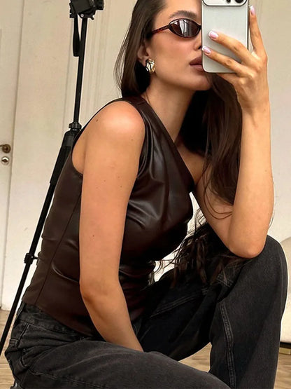 Slim Sleeveless One-Shoulder Zipper Jacket