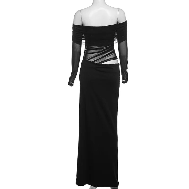 Elegant Slash Neck Ruched Mesh Dress for Women