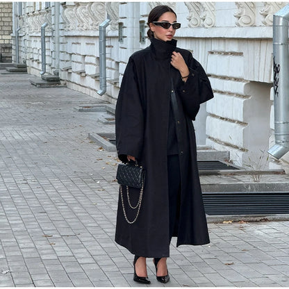 Khaki Long Color-block Stripe Trench Coat for Women