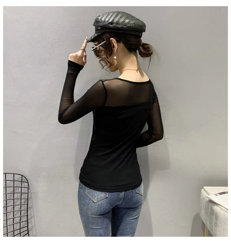 Women Slim Fit Long Sleeve Mesh T-Shirt