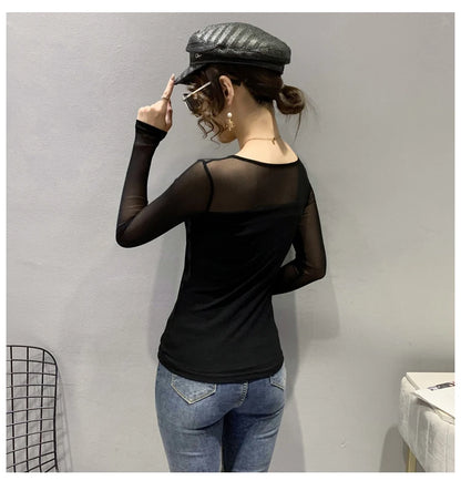 Women Slim Fit Long Sleeve Mesh T-Shirt