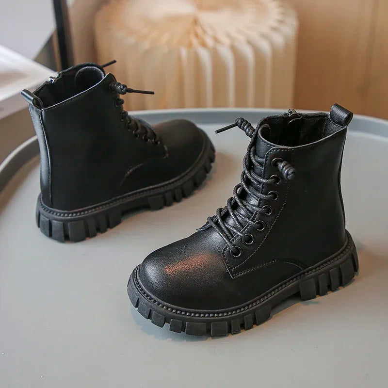 Girls Black Leather Ankle Boots with Thick Sole