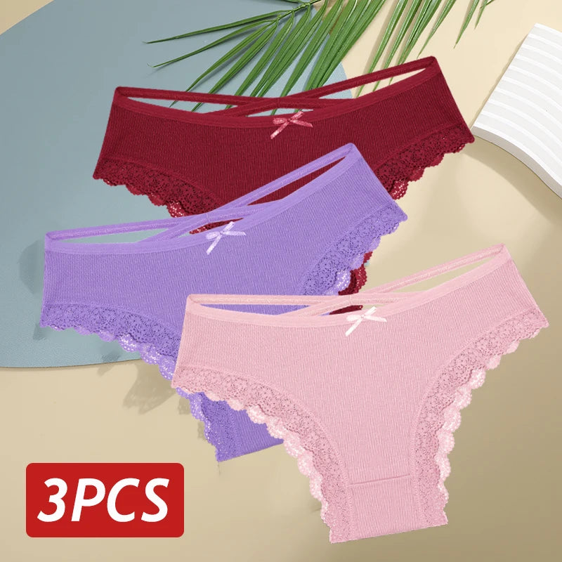 3PCS Women Cotton Lace Brazilian Panties Set S-XL