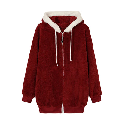 Loose Plush Zipper Hooded Jacket for Women
