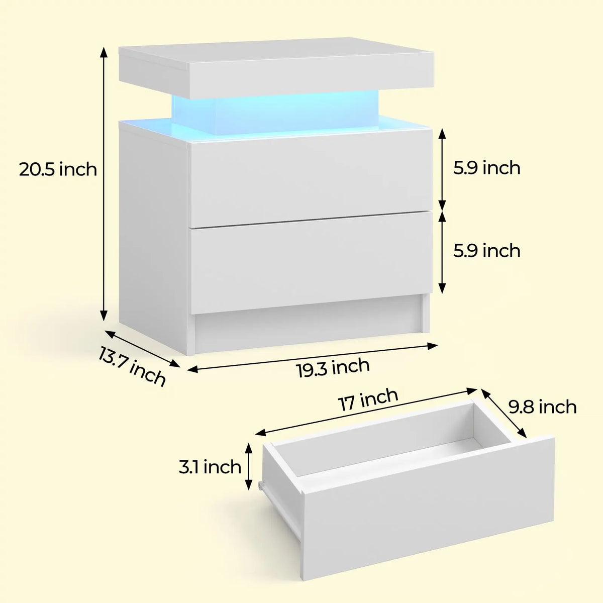 Cubehom White LED Nightstand with 2 Drawers