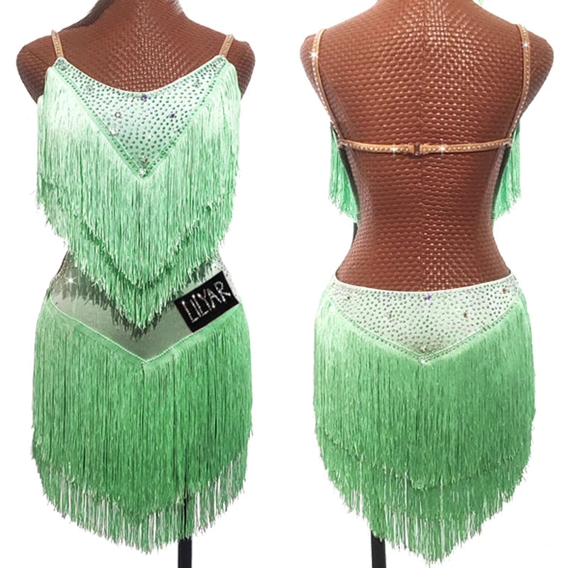 Latin Dance Dress with Rhinestones and Tassels in Red and White
