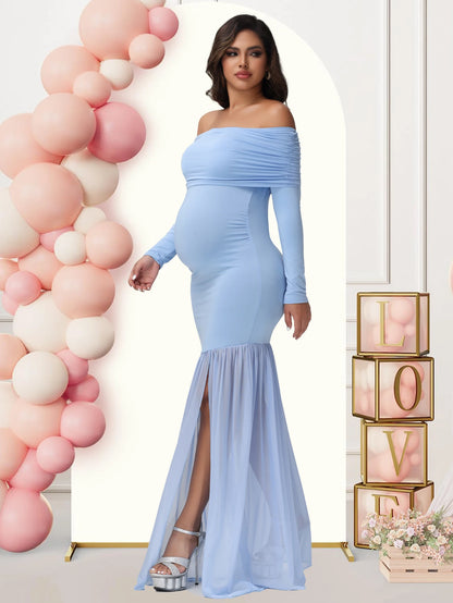 Elegant Off-Shoulder Maternity Dress with Slits