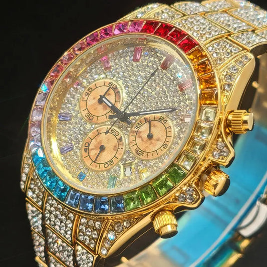 Fashion Gold Quartz Wristwatch for Men with Rainbow Diamonds