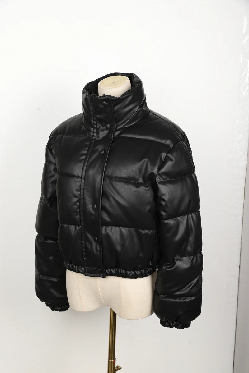 Black PU Leather Women's Winter Parka Jacket