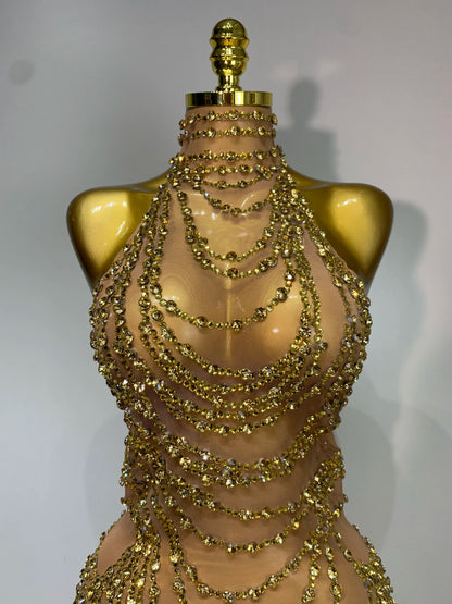 Sparkly Rhinestone Transparent Mesh Long Dress
