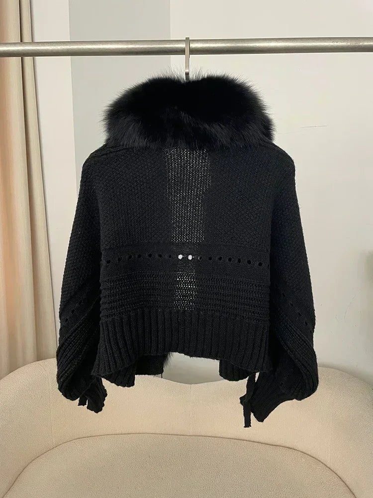Knitted Cardigan Coat for Women with Real Fox Fur