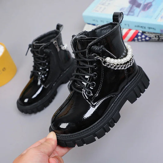 Girls Pearl Chain Boots Soft Bottom Black Leather Shoes