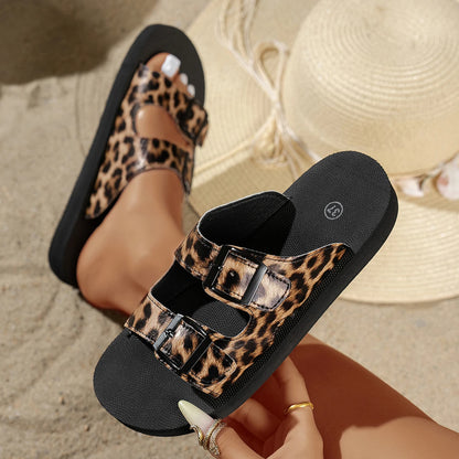 Leopard Print Buckle Women's Sandals Casual Slides