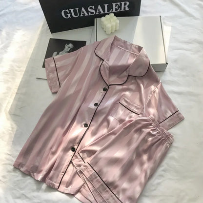 Ice Silk Women's Striped Pajamas Set Short Sleeve