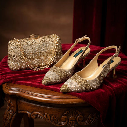 Italian Luxury Green Rhinestone Shoes and Bag Set