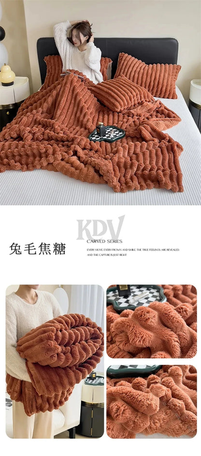Luxury Faux Rabbit Fur Throw Blanket Solid Color Plush