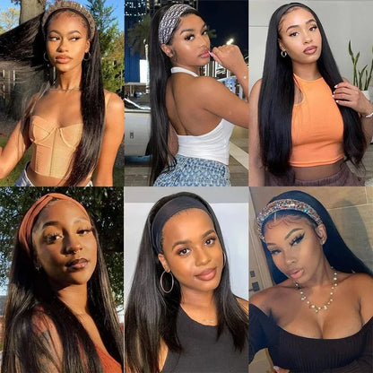 Human Hair Straight Headband Wig Natural Black 180% Density