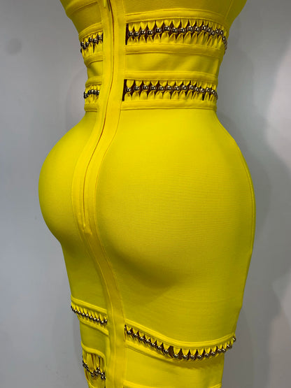 Women Sleeveless Square Collar Tassel Bodycon Dress