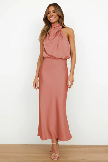 Elegant Silk Satin Sleeveless Long Dress for Women