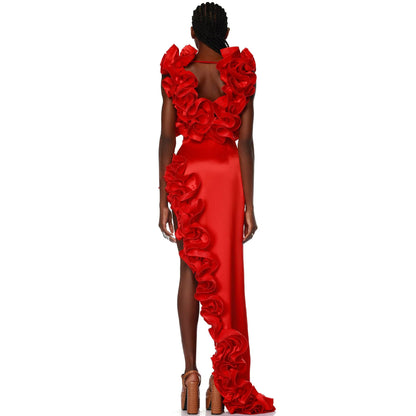 CM.YAYA Women Ruffled Asymmetrical V-Neck Bodysuit and Long Skirt Set