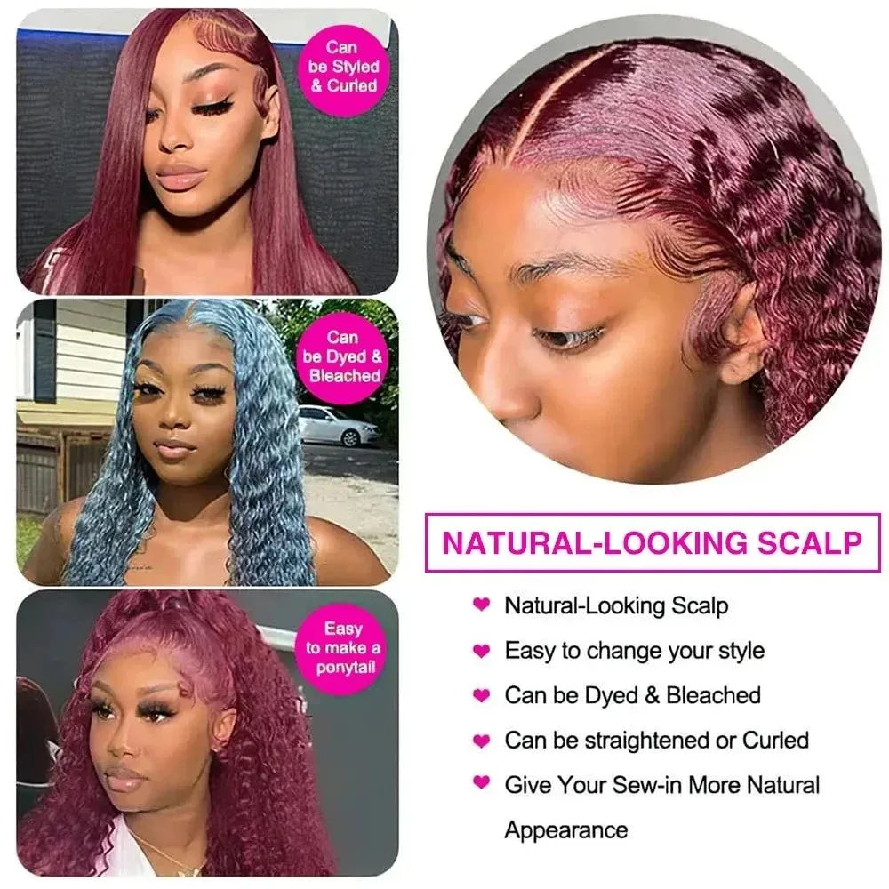 HD Transparent Lace 200 Density Deep Wave Wig 99j Burgundy