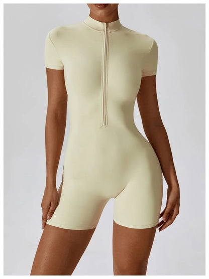 Summer Zipper Short Sleeve Yoga Bodysuit for Women